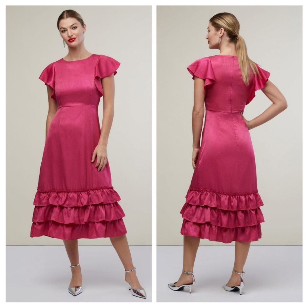 NWT Rachel Parcell Pink Flutter Sleeve metallic chiffon Ruffle Midi Dress size 6